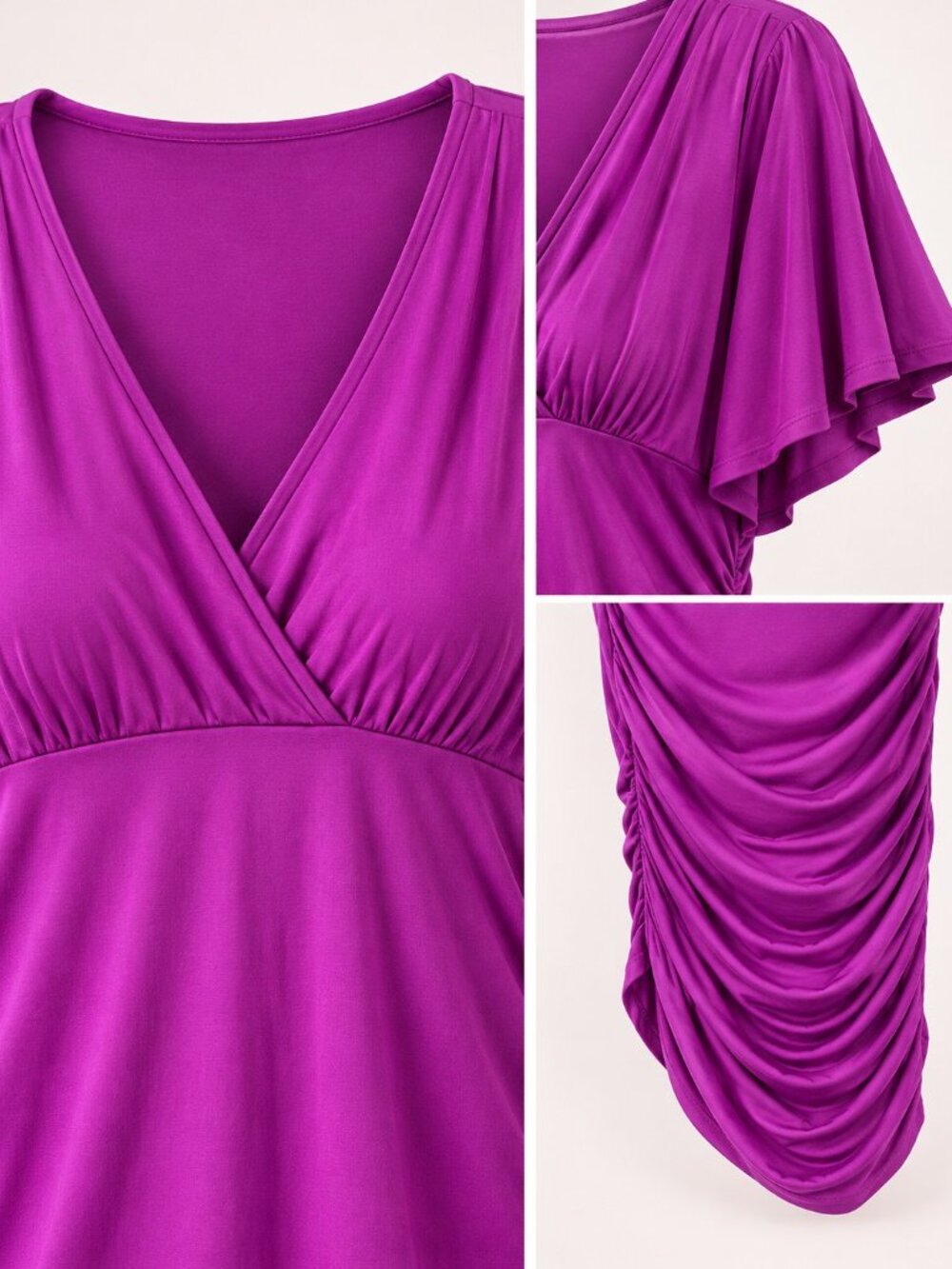 Purple Ruched Plus Size Surplice V-Neck Dress Flutter Sleeve Stretch 3XL - Picture 6 of 7
